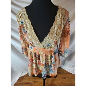 Vintage‎ Yank American Size S Orange Blue Babydoll Lace Top Floral Fairycore